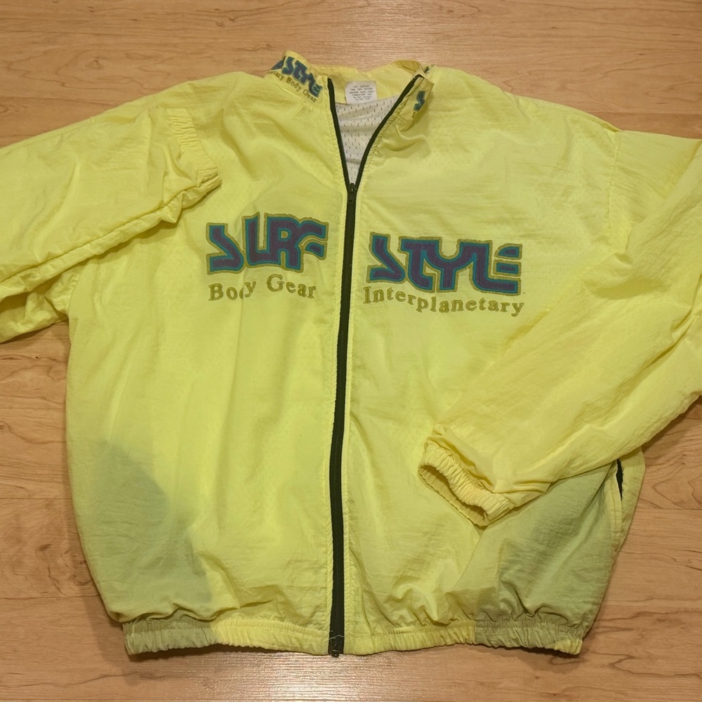 Vintage 80s 90s Surf Style Neon Yellow Pull Over Windbreaker Jacket One Size